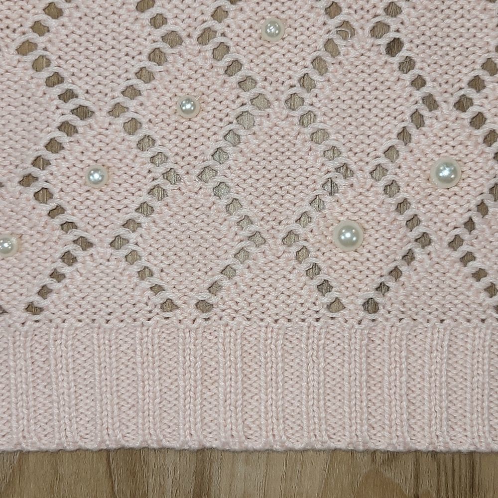 🔹️Bellatrix Pink Open Knit Faux Pearl Adorned Sweater Large - Picture 7 of 11